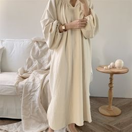 EWQ Women Apricot Vintage Big Size Bandage Pleated Long Dress Stand Puff Sleeve Fashion Spring Autumn 2F0478 210510