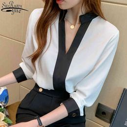 Autumn Casual V-Neck Blouse Women White Long Sleeve Chiffon Women's Shirts Solid Ladies Tops Pullovers Blusas 11189 210427