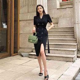 Office Lady Business Dress Black White Double Breated Work Elegant Notched Collar Short Sleeve Summer Women es 210603