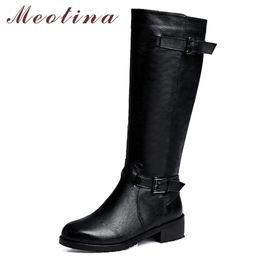 Women Riding Boots Winter Natural Genuine Leather Zipper Thick Heels Knee High Buckle Tall Shoes Lady Autumn 34-39 210517