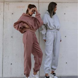 Solid Tracksuit Women Two Piece Set Autumn Winter Clothes Hooded Oversized Sweatshirt Top Sweatpants Sports Jogging Suit Outfits Y0625