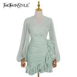 Elegant Asymmteircal Summer Dress Women V Neck Lantern Sleeve High Waist Patchwork Ruched Ruffle Dresses Female 210520