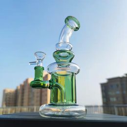 9 Inch 23cm Green Recycler Glass Bong Water Pipes Joint Tobacco Hookah 14mm Bowl
