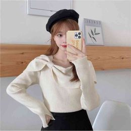 Bowknot pullover sweater jumper pure Colour knitted elegant blouse women spring Korean fashion black ladies 210520