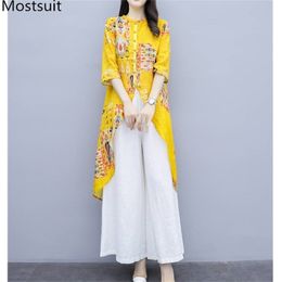 Spring Summer Yellow Printed 2 Piece Sets Women 3/4 Sleeve Long Tops + Wide Leg Pants Suits Casual Fashion Female 2 Pcs Set 210513