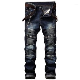 Sosoo Men's Pleated Biker Jeans Pants Slim Fit Brand Designer Motocycle Denim Trousers For Male Straight Washed Multi Zipper1
