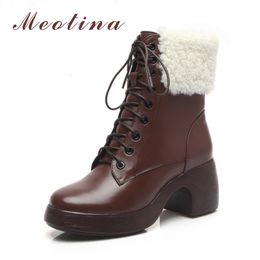 Real Leather Women Boots Platform High Heel Ankle Zip Chunky Shoes Lace Up Female Short Winter Brown 40 210517