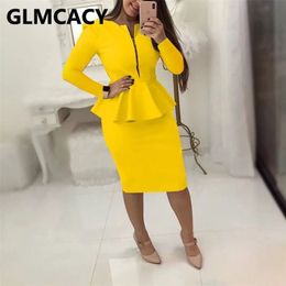 Women Two Piece OL Dress Suits Long Sleeve Peplum Top & Midi Skirt Set 210730