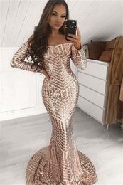 Aso Ebi 2021 Arabic Plus Size Rose Gold Mermaid Evening Dresses Long Sleeves Sequined Sexy Prom Formal Party Second Reception Bridesmaid Gowns Dress ZJ277