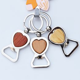 Heart Shaped Wooden Keychain Pendant Portable Metal Beer Bottle Opener Car keyring DIY Gift Key Chain