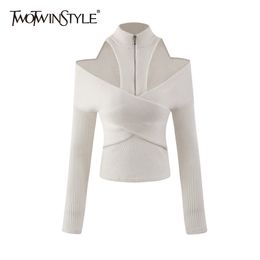 TWOTWINSTYLE Cross Hollow Out Sweater For Women Turtleneck Long Sleeve Sexy Slim Knitted Tops Female Fashion Clothing Fall 210517