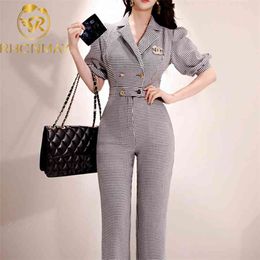 Summer Office Ladies Plaid Jumpsuits Bussines Short Sleeve Notched Neck Overalls Formal Work Rompers Jumpsuit 210506