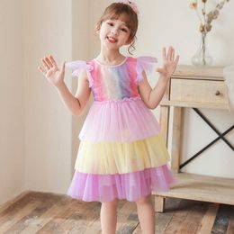 Kids Rainbow Sequin Dress for Girls Flare Sleeve Princess Party Costume Layered Tutu Clothing 210529