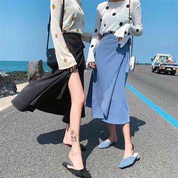A-line Skirts Woman High Waist Casual Streetwear Work Wear Office Ladies Skirt Midi Retro Korean Style Faldas Femme Saia 210601