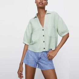 Za Cropped Linen Summer Shirt Women Short Sleeve Button Up Vintage Top Female Patch Pockets Pink Green White Blouse Shirts 210602