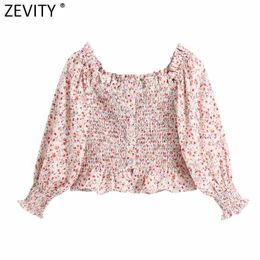 Women Sweet Off Shoulder Floral Print Breasted Shirt Female Pleat Ruffles Elastic Slim Short Blouse Roupas Chic Crop Tops LS9238 210603