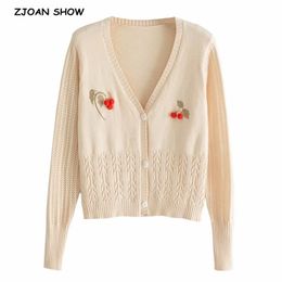 Women Knit Single-breasted Button Embroidery Flower Cherry Cardigan French Sweater Retro Knitwear Long sleeve Jumper Tops 210429