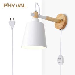 Wood Wall Lamp Nordic Light Line Cable with Knob Switch Dimmer Lamps for Bedroom Dining Room Incandescent Lights 210724