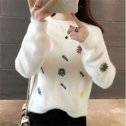 Thickening Mink Fur Pullover Sweater Female Ins Sets Of Embroidered Long-sleeved Autumn And Winter Women's Loose 210427