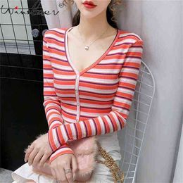 Spring Fall Korean Style Cotton Short T-Shirt Girls Fashion Sexy V-Neck Stripe Women Tops Long Sleeve Slim Tees T12808A 210421