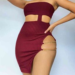 Irregular Knitting Mini Dress Spring Summer est Stylish Tube Top Hollow Out Split Ribbed Chain Sexy Bodycon Bandage Vestidos 210630