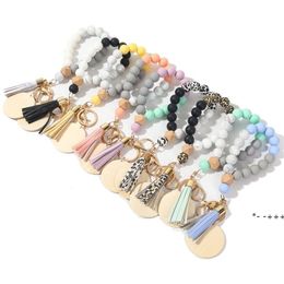 Engrave Wooden Chip Keychain Party Silicone Beaded Bangle Keyring Wood Beads Bracelet Key Ring Women Jewellery Crafts Gift LLB13378