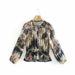 Spring Women Vintage Print Chiffon Blouse Female O Neck Bow Tie Long Sleeve Shirt Office Lady Loose Tops Blusas S8511 210430