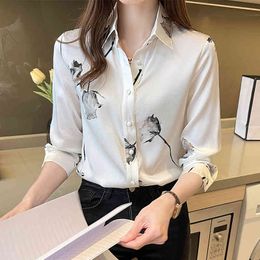 Korean Silk Women Shirts Woman Satin Floral Blouses Office Lady Print Tops Plus Size Blouse 210427