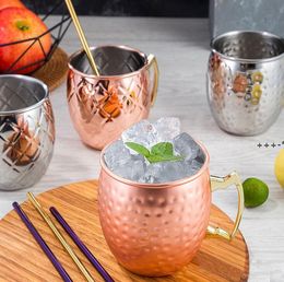 NEWCopper Mug Stainless Steel Beer Cup Moscow Mule Mug Rose Gold Hammered Copper Plated Drinkware RRB12690