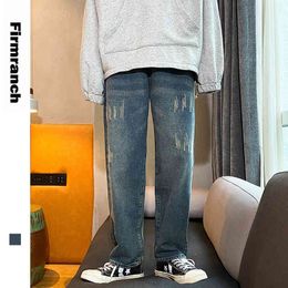 Firmranch Spring/Autumn American Distressed Straight Trousers Men Wide Leg Loose Jeans Youth Retro Blue Long Demin Pants