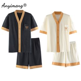 Couple Pajamas Japanese Kimono Style Night Pijamas Texture Cotton Short Sleeved Button Cardigan Pijamas Bear Printing Couple Pjs 210901