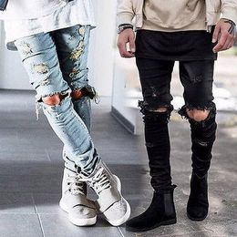 Wholesale-QNPQYX Mens Ripped Skinny Straight Slim Elastic Denim Fit Biker Jeans Pants Long Pants Stylish Straight Slim Fit Jeans