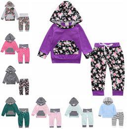 Ins Baby Outfits Flower Infant Girl Hooded Coats Pants 2PCS Sets Long Sleeve Clothes Set Cute Child Suits Kids Clothing DW4425