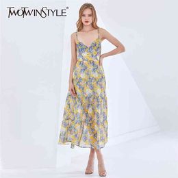 Sexy Print Sling Dress For Women V Neck Sleeveless Backless High Waist Midi Dresses Female Fashion Clothing 210520