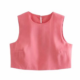 Fashion Women Ladies Buttons On The Back Female Girl Feeling Round Neck Sleeveless Short Chic Top 210531