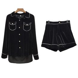 Women Two Pieces Set Shirt Shorts Turn Down Collar Black Long Sleeve Velvet Pocket Elegant T0286 210514