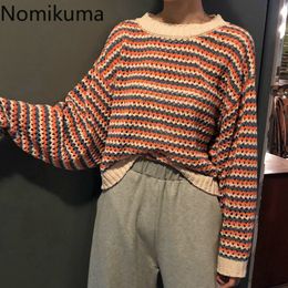 Nomikuma Contrast Color Striped Knitted Sweater Women O Neck Long Sleeve Short Pullover Jumper Hollow Out Casual Tops 3b830 210514