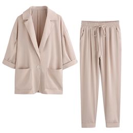 Pink Khaki Turn Down Collar Notch Blazer Elastic Waist Pants Women Two Pieces Set T0180 210514