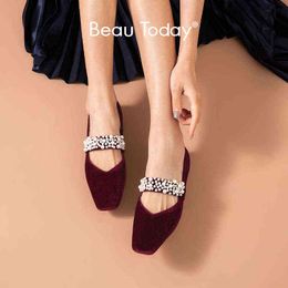 Dress Shoes Beautoday Mary Jane Women Silk Velvet Pearl String Bead Square Toe Slip-on Spring Ladies Elegant Flat Handmade 18214 2 9