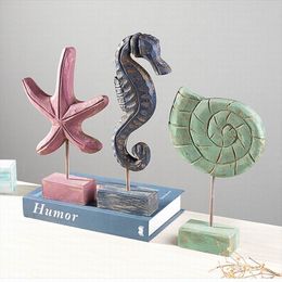 Mediterranean Style Wood Crafts Home Decoration Accessories Wooden Gift Starfish Conch Hippocampus Carving Marine Decor