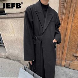 IEFB Men's Woolen And Mixtures Coat Autumn Winter Mid Long Thickened Korean Trend Loose Overcoat Male Bandage Waist 211122
