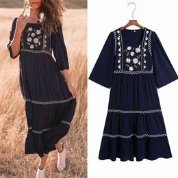 Women Summer ZA Vintage Dress 3/4 Sleeve Indie Folk Style Embroidery Floral Slash neck Female Elegant A-Line Dresses Vestidos 210513