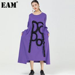 [EAM] Women Purple Big Size Printed Long Dress Round Neck Long Sleeve Loose Fit Fashion Spring Autumn 1DD5919 210512