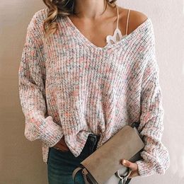 Autumn Fashion Sweater womens Vintage Multi-Color Sweater Top Solid Colour Casual V-neck Knit Sweater for Women Pullovers 210514