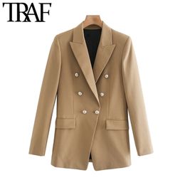 TRAF Women Fashion Office Wear Double Breasted Blazers Coat Vintage Long Sleeve Pockets Female Outerwear Chic Tops 211019