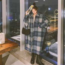 Autumn Winter 2021 Female blend Jackets Plaid Grey Blue Contrast Colour Lapel Single-Breasted Loose Casual Long Woollen Coats Clothing