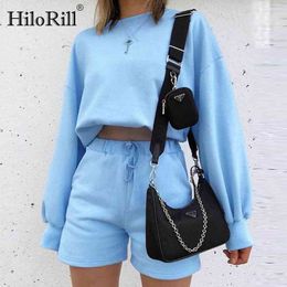Blue Two Piece Sport Set Women Casual Loose Pullover Hoodies With Elastic Waist Sweatpants Shorts Ladies 2 Outfit 210508