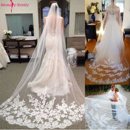 Bridal-Veils Lace-Edge Wedding Accessories Long Cathedral Tulle Appliques 2021 Wedding-Veils with Comb veu de noiva longo X0726
