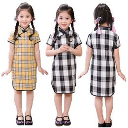 Grid Summer Baby Girls Dress Chinese Spring Festival Girl Clothes Chipao Dresses 100% Cotton Children Cheongsam Qipao Vestidos Q0716