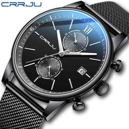 Watch Men's CRRJU Men Fashion Business Quartz Wristwatches Blue Sport Waterproof Clock Stainless Steel Wrist Watch for Male 210517